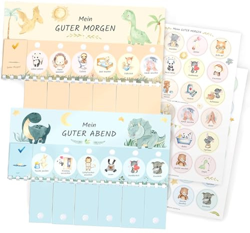 Morgenroutine & Abendroutine für Kinder - Routine Planer für Morgen & Abend | Dinosaurier / Dinos, Checkliste mit Klett Punkten - DIN A4 Tagesplan mit Klappen, Handmade in Germany