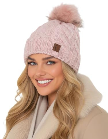 Baesics Bommelmütze Damen Herren Rosa - Zopfmuster Wintermütze warm