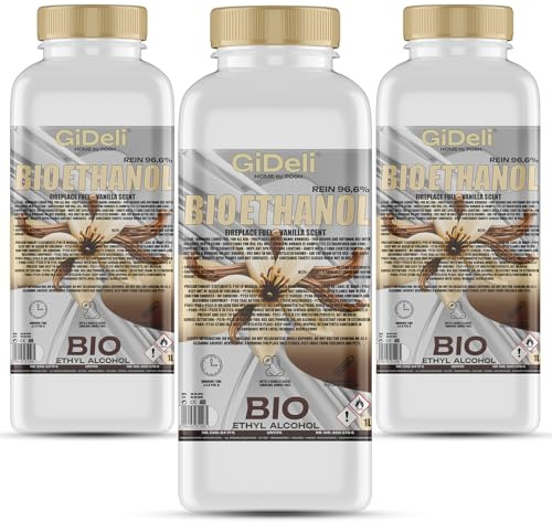 GiDeli Lot de 3 bio-éthanol parfumés à la vanille à 96,6 % d'éthanol pour intérieur et extérieur, sans fumée ni suie, à base de maïs et de betterave sucrière