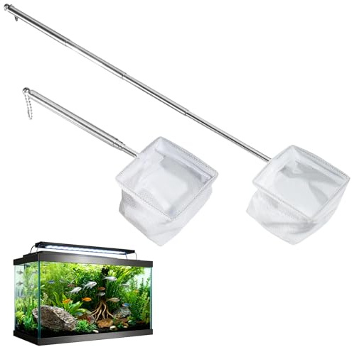 Set di 2 Retini Mini Acquario con Manico in Acciaio Inossidabile – Rete da Pesca a Maglia Fine con Manico Telescopico (13-40 cm) per Acquario, Stagno e Pulizia (8x6,5 cm)