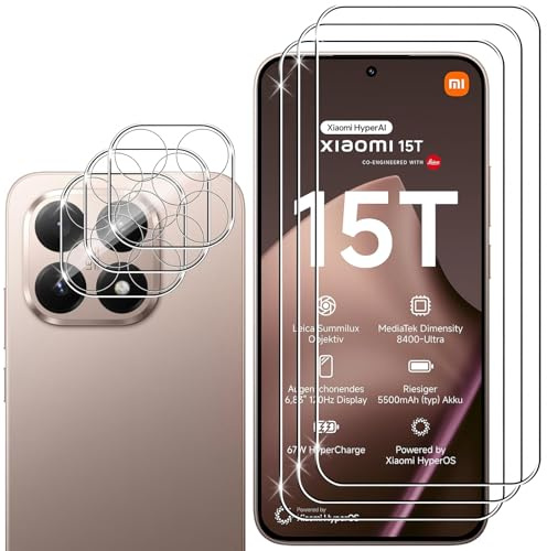 Hengnewro 3 stycken härdat glas för Xiaomi Mi 15T/15T Pro, skärmskydd tillbehör med 3 delar kameraskydd, HD klar, hårdhet 9H