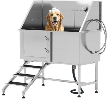 Albott 50 in Professional Dog Washing Station - 304 Stainless Steel Pet Bathtub with Stairs Includes Adjustable 3-Speed Showerhead, Removable Grates, Easy to Clean, L-Size (Left)
