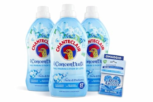 Chante clair Ammorbidente Concentrato, 1140 ml, Confezione 3 Flaconi, 171 Lavaggi, con Profumatore Bucato Mon Amour Blu Mare (Fiori di Loto)