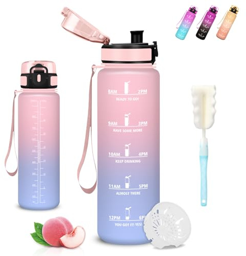 Mujigaga Borraccia 1 litro, Borraccia Palestra, Senza Perdite, Borraccie Motivazionale, Borracce con Scovolino in Spugna, Facile da Trasportare, Borracce per Scuole, Fitness, Campeggio, Yoga