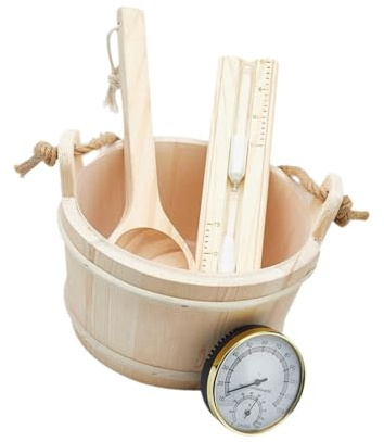 Sdlnklm Cubo Sauna de Madera Set Accesorios Sauna Baño Balde Sauna con Medidor Humedad y Reloj Arena Diseñado con Madera Resistente Adecuado para