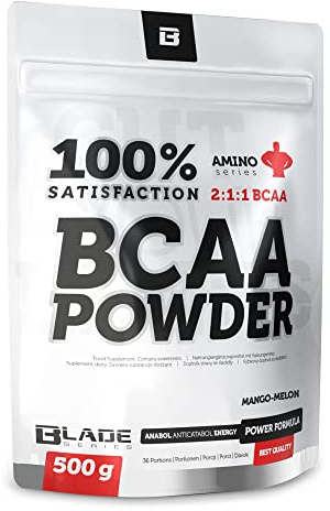 BLADE Series BCAA Pulver 2:1:1 Aminosäuren Komplex mit L-Glutamin, 500 g | 5 g BCAA je Portion, Taurin und Glycin, zuckerfrei, instant löslich, 36 Portionen, Sorten Mango-Melone, Orange oder Zitrone