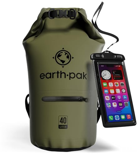 Wasserdichter Packsack 40L - Dry Bag mit Reißverschlusstasche und Rolltop | Dry Bag 40L in Waldgrün: schwimmfähiger Trockensack mit Reißverschluss-Außentasche und IPX8-Handyhülle