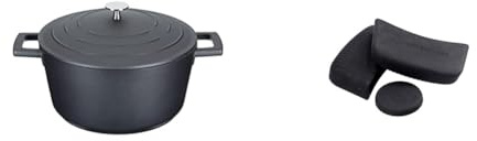 MasterClass Lightweight Casserole Dish with Lid, Cast Aluminium, Black, 4 Litre / 24 cm + MasterClass Pan Handle Sleeve Set for Cast Aluminium Casserole Pots, Easy Grip Silicone, 3 Pieces