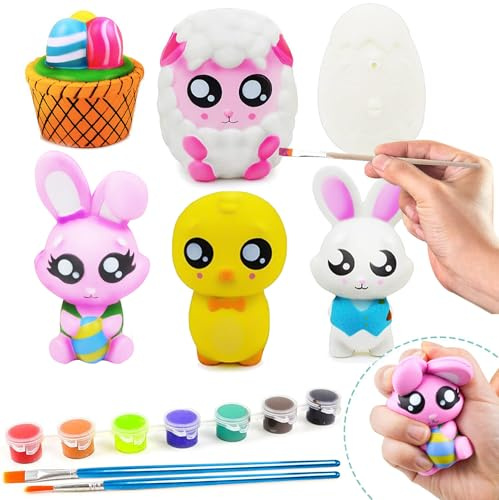 JOYIN 6 Pcs Oster-Squishy-Spielzeug-Malset, Bastelset zum Selbermalen, Oster-Squishy-Spielzeug-Set zum Selbermalen, Tierfiguren, inklusive Farben und Pinseln für die Eiersuche
