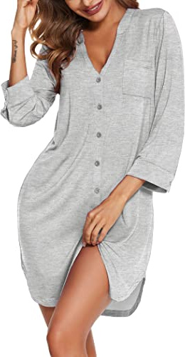 Ekouaer Nightgowns for Women V Neck Button Down Nightshirt 3/4 Sleeves Nursing Nightgown Soft Sleep Dress, Light Grey, L