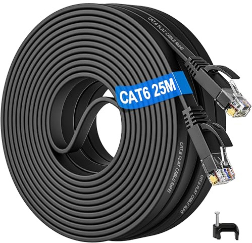 LAN Kabel 25 Meter, Cat 6 Netzwerkkabel 25m Outdoor Indoor Ethernet Kabel | Cat6 Internetkabel Flach Hochgeschwindigkeits Wlan Kabel 25m Schwarz Gigabit RJ45 Patchkabel -für Router Modem