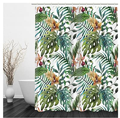 Aotiwe Grund Duschvorhang, Textiler Duschvorhang Pflanze mit Blume Grün 90X180cm für Badezimmer mit Duschvorhangringen