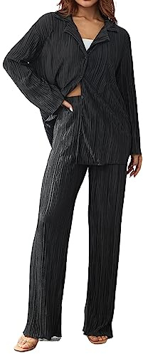 Geagodelia Zweiteiler Damen Plissee Outfit Kleidung Elegant Hosenanzug 2 Teiler Set Weite Hose + Button Down Langarmshirt Loungewear Streatwear Anzug