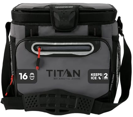 Titan by Arctic Zone Zipperless Soft Sided Cooler with HardBody Liner and SmartShelf, Insulated Bag with Shoulder Strap for Lunch and Travel, 16 Can Capacity, Sharkskin Gray