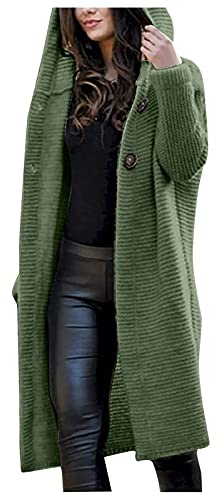 TDEOK Koftor för kvinnor, lång varm kofta, lång grovstickad med knappar, lång kofta, stora storlekar, stickad kappa med huva, stickad cardigan, elegant huvtröja, stickad tröja, jacka, kappa, Grön, 5XL