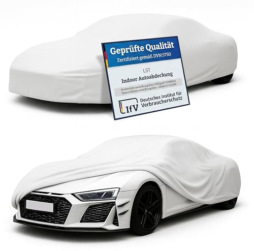LST Autoabdeckung Indoor – lackschonende und Dehnbare Autogarage. Car Cover Innenbereich für Autohäuser und Endverbraucher. Auto Abdeckplane schützt vor Sonne, Staub. (Weiß, XL (505x165x120cm))