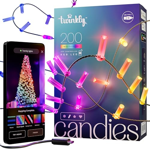 Twinkly Strings USB-C Candle 200 LED, Candle-Shaped LED Light String, Christmas Lights, RGB Multicolor LED Lights, Mappable LEDs, Compatible with Alexa, Google Home, USB-C Power, Green Wire, 12m