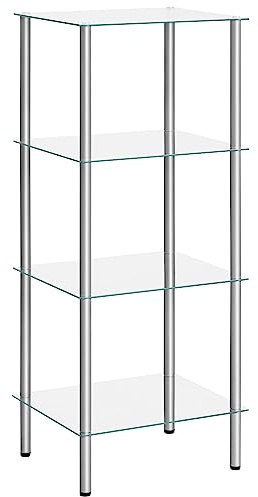 HOOBRO Glass Shelf, 4 Tier Bathroom Standing Shelf Unit, Tempered Glass Shelving Stand for Small Space, Perfume Stand Organizer, Space-Saving, for Bathroom, Bedroom, Steel Frame, Silver SV04CJ01