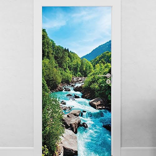 Sticker Porte Paysage Montagne Riviere - Sticker muraux porte En Trompe l'Oeil - Autocollant mural décoration - Autocollant Porte - Poster de Porte - Stickers chambre (63x205 cm)