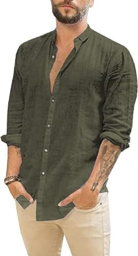 Friptspyg Leinenhemd Herren Hemd Langarm Baumwolle Leinen Hemden Button-Down Freizeithemden Casual Regular Fit Sommerhemd, Olivgrün XL