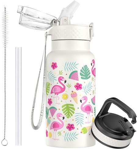 OLDLEY 500ml/17oz Gourde Isotherme pour Enfants en Acier Inoxydable avec Paille Double Paroi Métal Sous Vide Étanche Petite Fiole Réutilisable avec 2 Couvercles Différents pour Garçons Filles