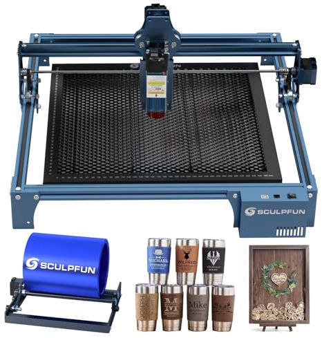 SCULPFUN S9 La-ser Engraving Machine with Rotary Roller, Honeycomb Working Table, 5W High Precision Engraver Cutter, 0.06mm Ultra-Thin Beam Diode, Engraving Area 410x420 mm