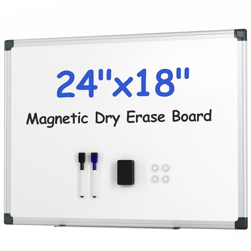 VUSIGN Magnetic White Board Kit for Wall 24 x 18, 1 Dry Eraser & 2 Multicolor Markers & 4 Magnetic Pins, Sliver Reinforced Aluminum Frame for Home, School, Office