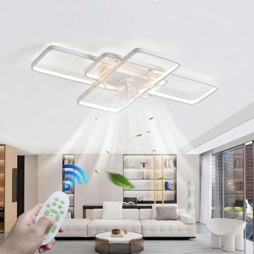 LYSDjia LED Deckenleuchte Mit Ventilator Fernbedienung Und APP Leise 80W geometrische Deckenventilator Mit Beleuchtung Dimmbare Deckenlampe Timer Lampe Mit Ventilator Für Schlafzimmer Wohnzimmer Esszi