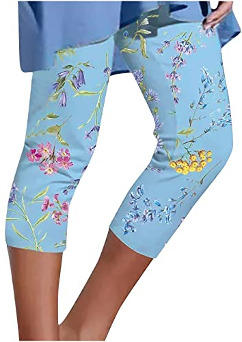 OVARA 3/4 Leggings for Women Floral Printed Stretch Cropped Trousers Ladies High Waisted Boho Capri Pants Summer Casual Elasticated Three Quarter Length Trousers