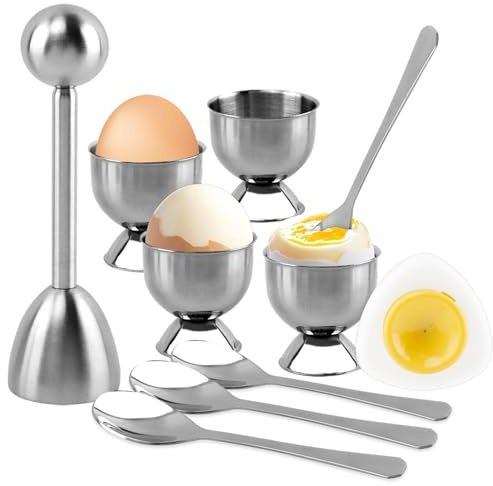10PCS Egg Cracker Topper Cutter Set for Hard Boiled Eggs,With 4X Stainless Steel Egg Cups for Soft Boiled Eggs,4 X Egg Spoons,1 X Magnetic Egg Piercer,for Breakfast Kitchen Tool