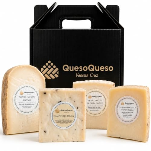 QUESOQUESO® Caja de Quesos Gourmet Regalo | Surtido 4 Cuñas Queso Semicurado y Curado de Oveja, Cabra y Vaca | Queso Manchego, Payoyo, Mahon y Castellano con Trufa | Regalo Pareja Díselo con Quesos