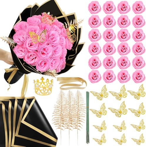 SEMONONIA Glitzer-Rosenstrauß zum Selbermachen, 24 Stück, Hot Pink, künstliche Glitzer-Rosen mit Stielen, Geschenkpapier, 3D-Schmetterlinge, Kronen für Abschlussfeiern, Jahrestag, Geburtstag