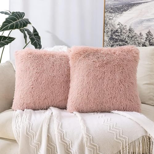 DJDEA Kissenbezüge 2er Set - Kuschelkissen Flauschig Kissen 45x45 Bezug - Künstlich Pelz Sofakissen - Dekorative Dekokissen - Kissen Flauschig Kissenbezug für Sofa 45x45 cm (Rosa, 45 x 45 cm)