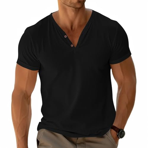 Uomo Henley Maglietta di Base Tee Manica Corta Tops Casual Camicia in Cotone Bottone Collo a V Morbido Stretch Nero XXXL