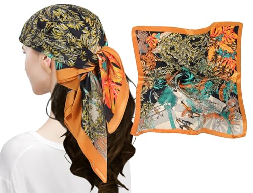 MEANBEAUTY dam 70 x 70 cm sidenscarf silke lätt bandana flerfärgad halsduk huvudduk hårhalsduk, Blad/svart/blå/guld/grå, En Storlek