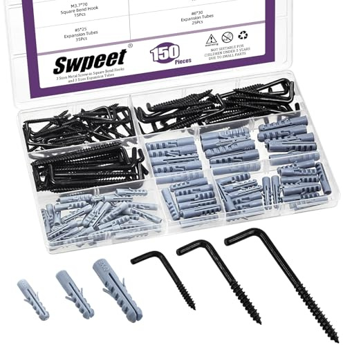 Swpeet 150 st 3 storlekar svarta metallskruvade fyrkantiga böjkrokar med expansionsrör ankare sortimentsats, L-formade självgängande skruvar krokar L-typ fotoram rät vinkelkrok för väggupphängning
