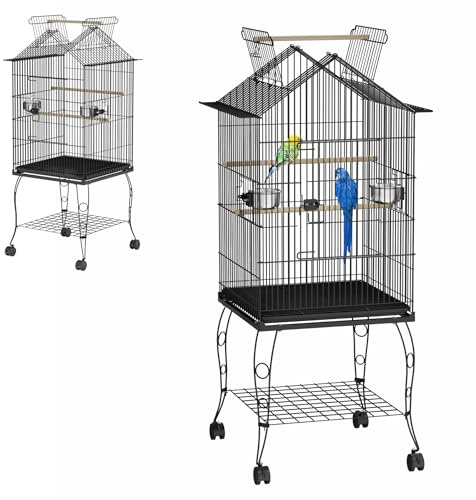 ACXIN Vogelkäfig mit Ständer und Rollen, Metall Vogelvoliere Wellensittichkäfig mit Holzstangen und Futternäpfen, Tierkäfig Vogelhaus für Papageien, Tauben, Sittiche und Finken (Typ A)