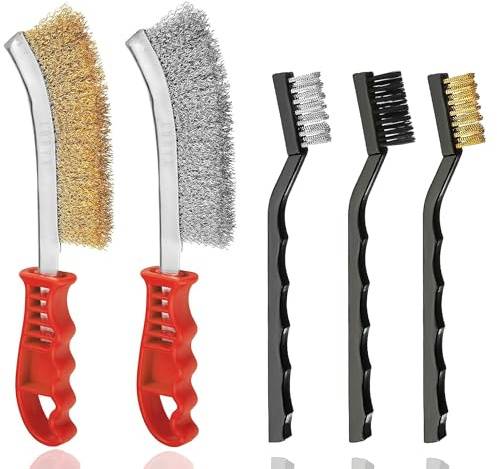 5 Pcs Wire Brush Set – Stainless Steel, Brass, and Nylon Brushes for Rust Remover for Metal, Cleaning Paint, Welding Slag, Grout, BBQ Grill – Heavy Duty Small Wire Brushes for Cleaning Metal & Wood
