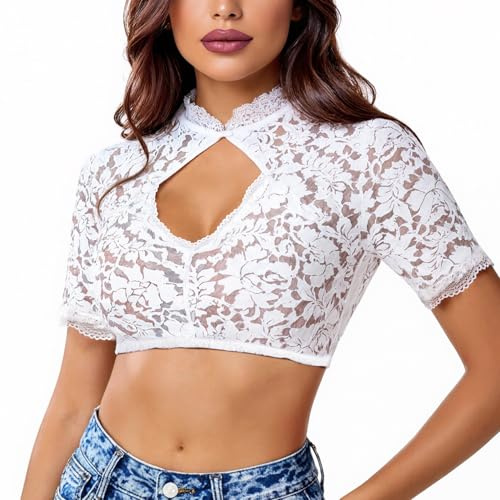 VICTERR Damen Dirndlbluse Spitze Weiß Dirndl Bluse Halbarm Oktoberfest Trachtenbluse Traditionelle Kleidung Trachten Bluse M