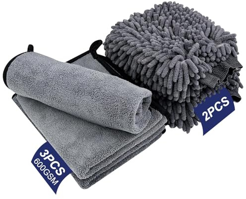 Pryzmax 5 Pezzi Kit Pulizia Auto, 3 PCS Panno Microfibra Auto, 2 PCS Guanto Lavaggio, Panno Asciugatura, Kit Lavaggio, Panni Microfibra, Prodotti Pulizia, per Cura Moto
