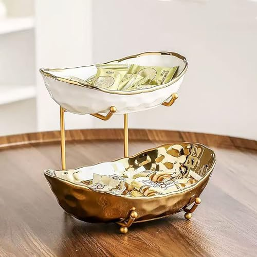 Afeyibu 2-Tier Fruit Bowls for Kitchen Counter,Ceramic Bowl with Gold Metal Stand,2 Tier Fruit Basket for Fruit,Snack,Cake,Nuts,Dessert Space Saving Storage