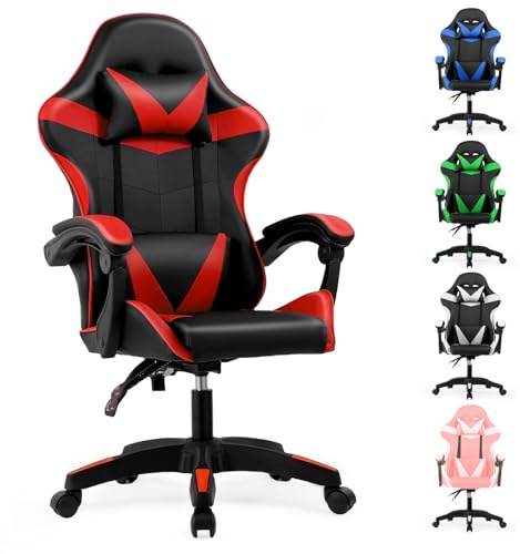 Lishetimig Gaming Chair, Computer Chair with Lumbar Cushion, Headrest, Height-Adjustable Ergonomic Gaming Chairs for Home, Office (Red)