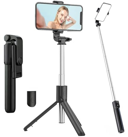 TIGERRDU Selfie Stick, 70cm Phone Tripod, 4 in 1 Selfie Stick Tripod, Extendable and Portable with Detachable Wireless Remote & Stable Stand, Compatible with iPhone/Galaxy/Huawei etc.