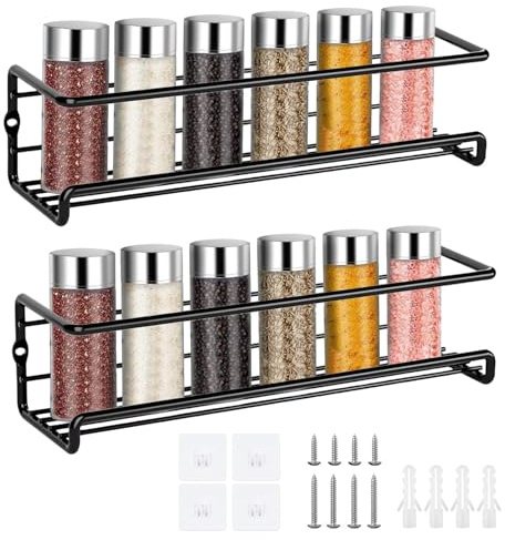 Dulynva Set di 2 Portaspezie da Parete Mensole Porta Spezie per Cucina Portaspezie da Appendere Acciaio Inossidabile con Ganci Autoadesivi e Viti Porta Spezie da Parete per Cucina Bagno (Nero)