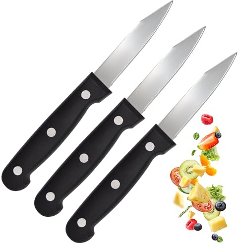 GOKOI PACK 3 Cuchillos de Fruta Acero Inoxidable 18.2x1.6 cm, Afilados y Ligeros, Mango Ergonómico Antideslizante, Ideal para Cortar Alimentos Pequeños, Prácticos para Cocina y Uso Diario