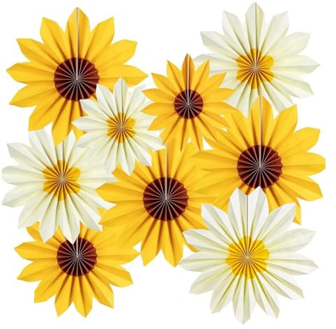 Shuqio Juego de 9 flores de papel con diseño de girasoles, margaritas, abanicos de papel de colores, decoración para fiestas (35 cm/25 cm/20 cm) para cumpleaños, bodas, baby shower, girasoles