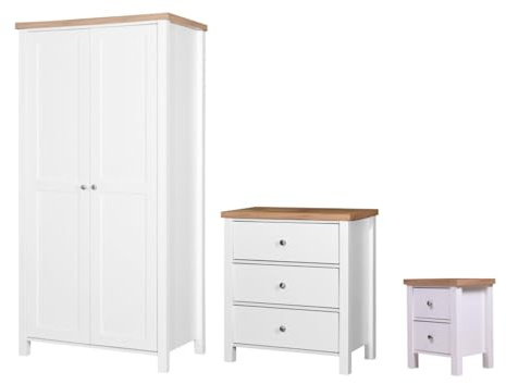 Classic 3-Piece Bedroom Furniture Set – White 2-Door Wardrobe, 3-Drawer Chest, & Bedside Cabinet | Complete Coordinated Storage