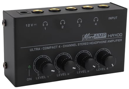 AYNEFY Amplificateur Casque 4 Canaux Professionnel Mini Haute Puissance Stéréo Faible Bruit avec Contrôle de Volume Indépendant pour Utilisation en Studio ou Scène (Prise UE)