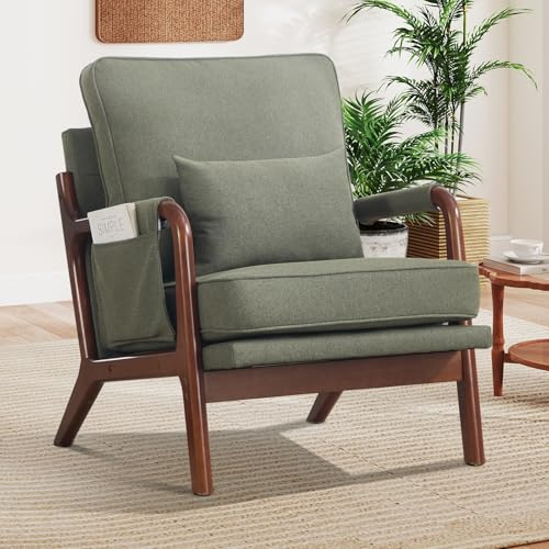 CANMOV Mid Century Modern Accent Chair with Extra Side Storage Pocket Upholstered Reading Armchair with Waist Cushion, Accent Chair for Living Room Bedroom, Easy Assembly, Green