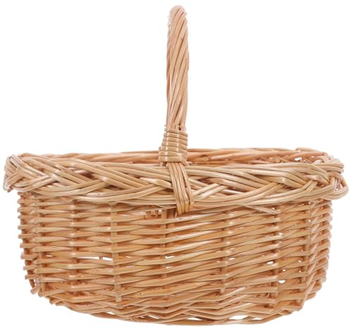 DOITOOL Cesta de Picnic Tejida a Mano con Asa Cesta Rústica de Mimbre Natural Tamaño Mediano Color Madera Natural Portátil para Jardín y Exteriores para Flores y Almacenamiento